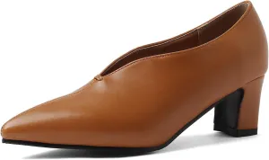 Women's Pointed Toe Slip On Pumps Chunky Block Mid Heel Faux Leather V Cut Casual Office Dress Shoes