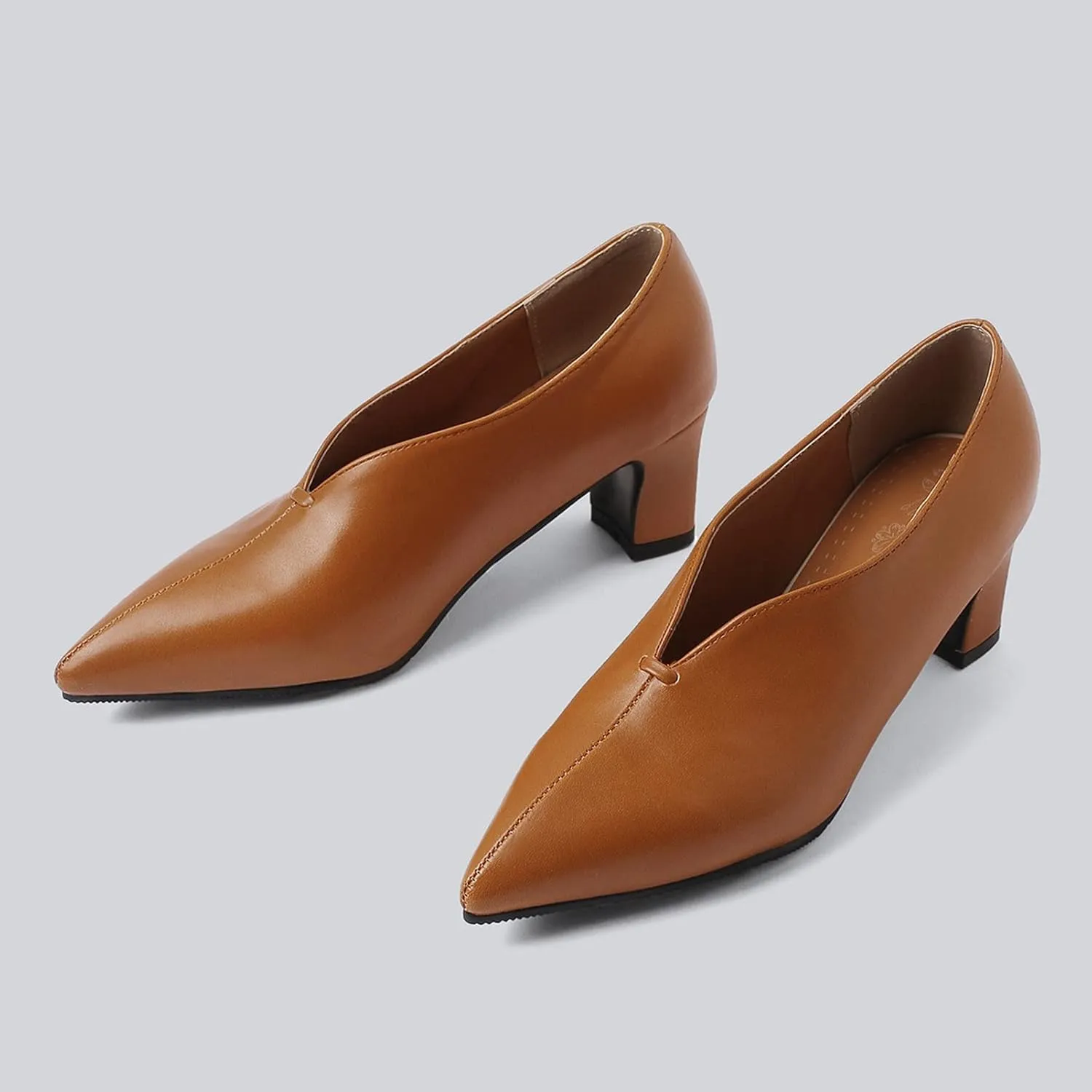 Women's Pointed Toe Slip On Pumps Chunky Block Mid Heel Faux Leather V Cut Casual Office Dress Shoes