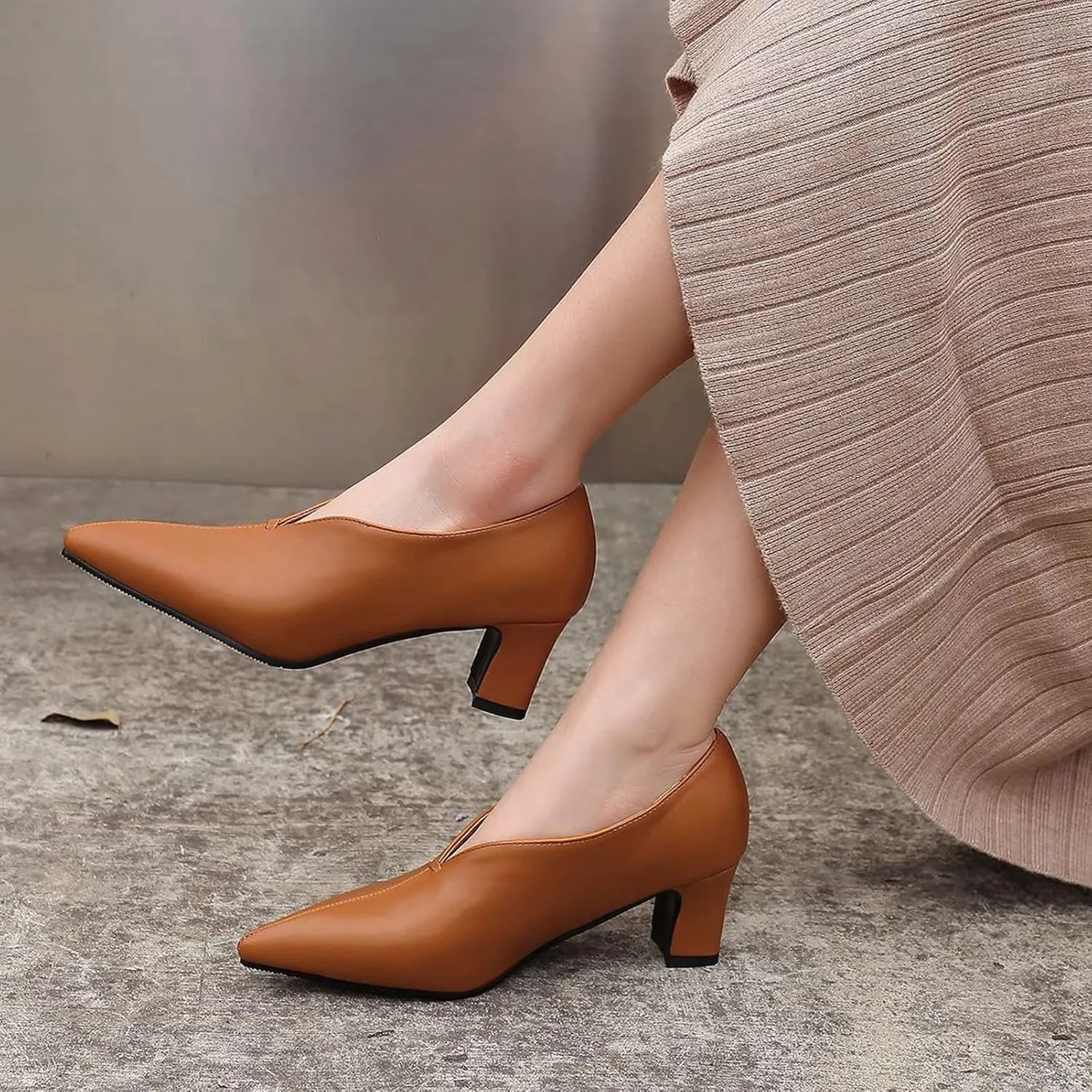 Women's Pointed Toe Slip On Pumps Chunky Block Mid Heel Faux Leather V Cut Casual Office Dress Shoes