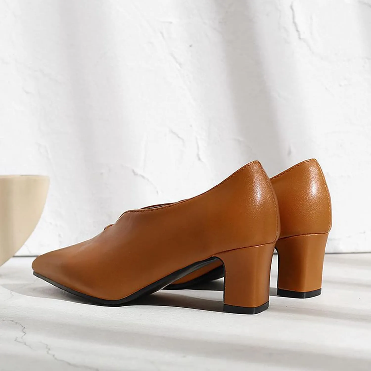 Women's Pointed Toe Slip On Pumps Chunky Block Mid Heel Faux Leather V Cut Casual Office Dress Shoes