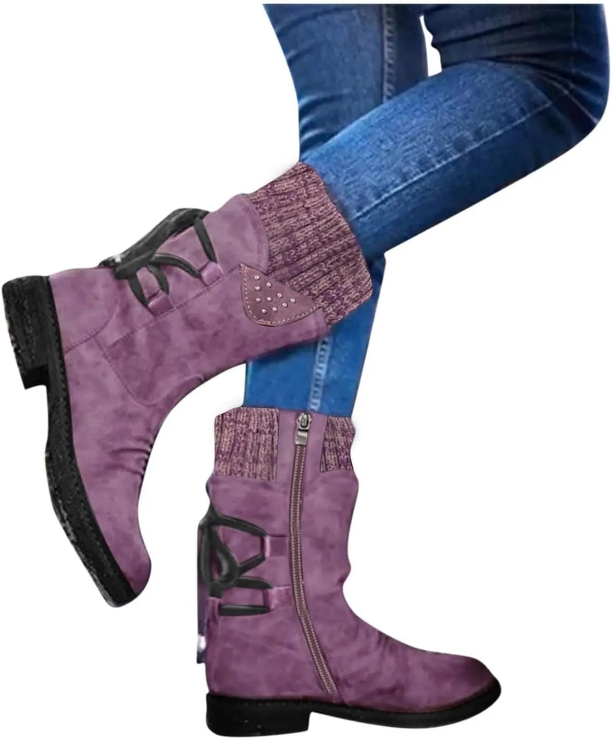 Women's Snow Boots Chunky Platform Boots for Women, Square Toe Shoes Lace up Zip High Heel Booties Combat Mid Calf Boots