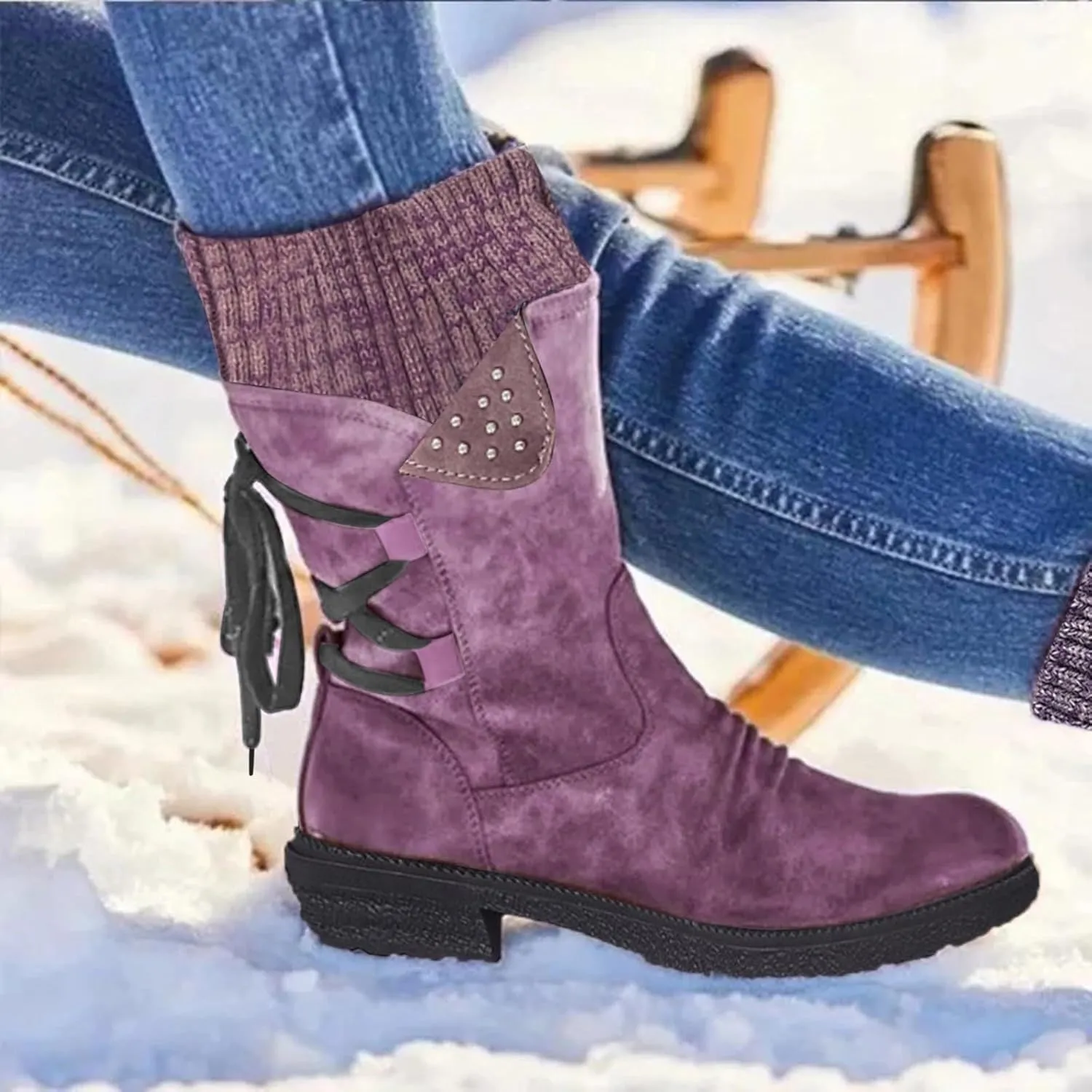 Women's Snow Boots Chunky Platform Boots for Women, Square Toe Shoes Lace up Zip High Heel Booties Combat Mid Calf Boots