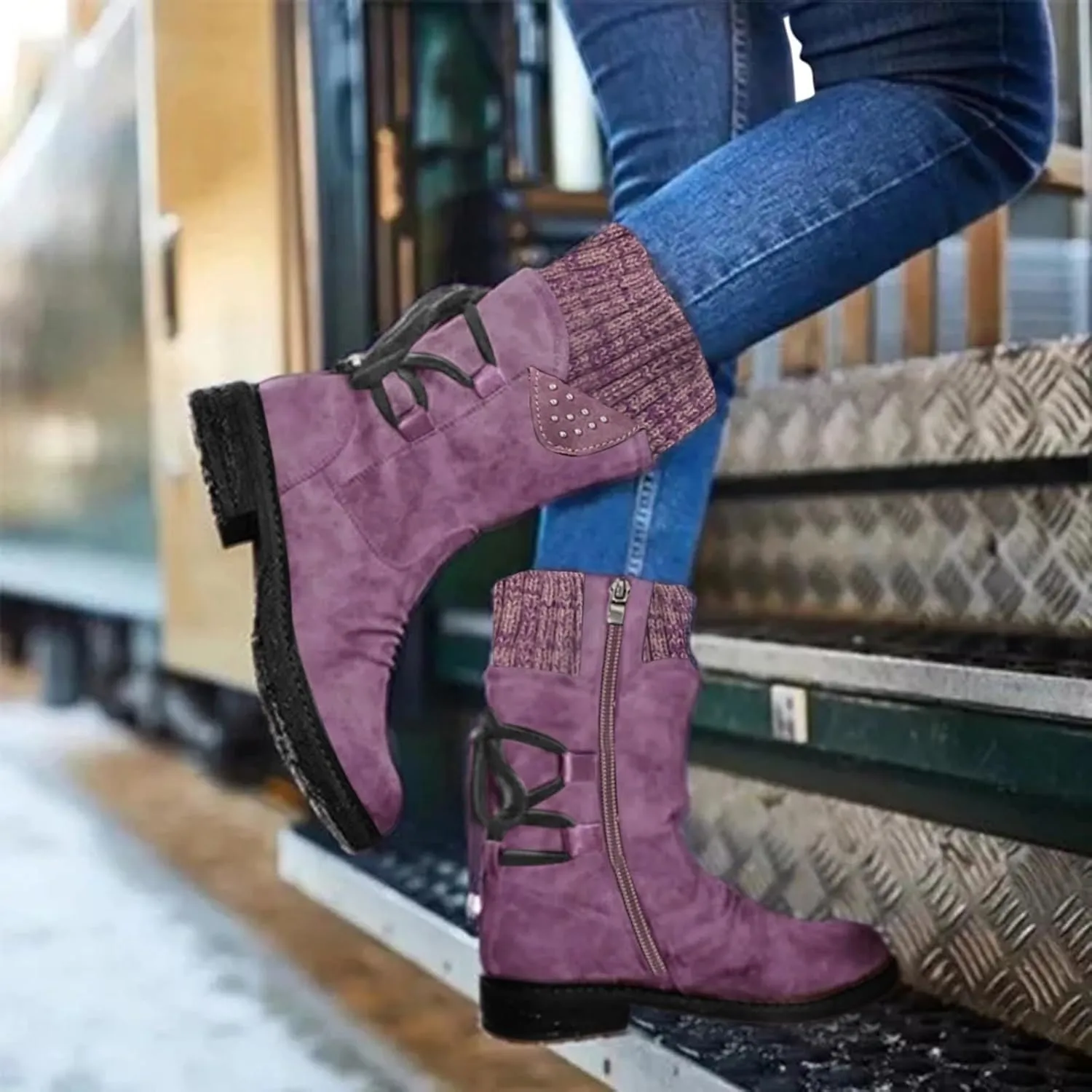 Women's Snow Boots Chunky Platform Boots for Women, Square Toe Shoes Lace up Zip High Heel Booties Combat Mid Calf Boots