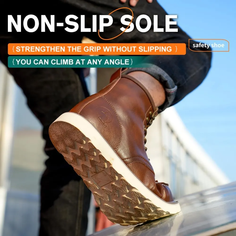 Work Boots for Men Steel Toe Boots Waterproof Comfortable High Top Indestructible Safety Boots Lightweight Leather Shoes Non Slip Work Shoes Industry Construction